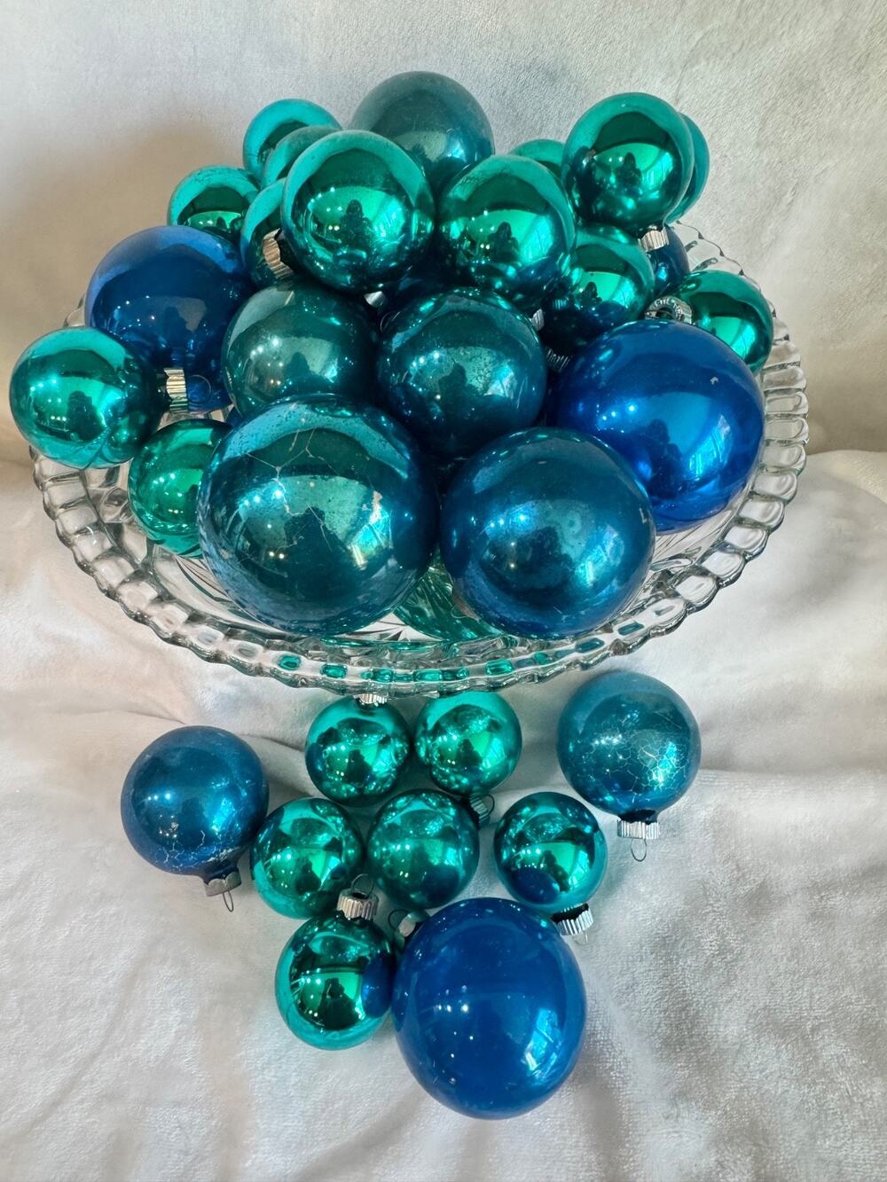 Vintage Glass Christmas Lot of 38 Blue-Mix Ornaments Inclds 20 Teal Shiny Brites